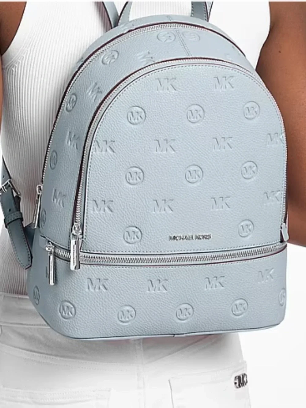 Michael Kors Rhea Medium Zip Logo Debossed Backpack Pale Ocean NWT